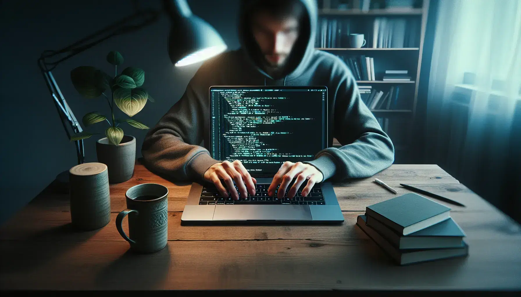 Gender neutral person concentrated in programming on silver laptop, with coffee cup and green plant, blurry bookshelves background.