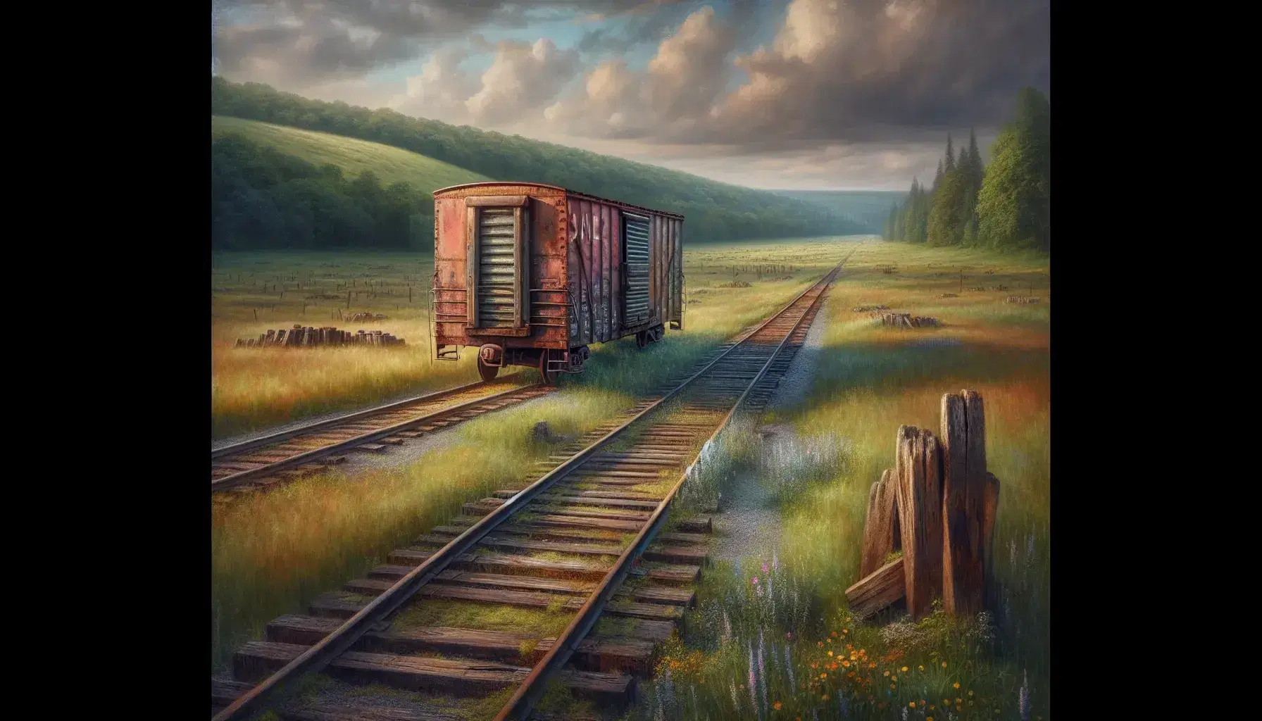 Weathered red boxcar with rust and peeling paint on old railroad tracks, surrounded by grass, wildflowers, and trees under a blue sky.