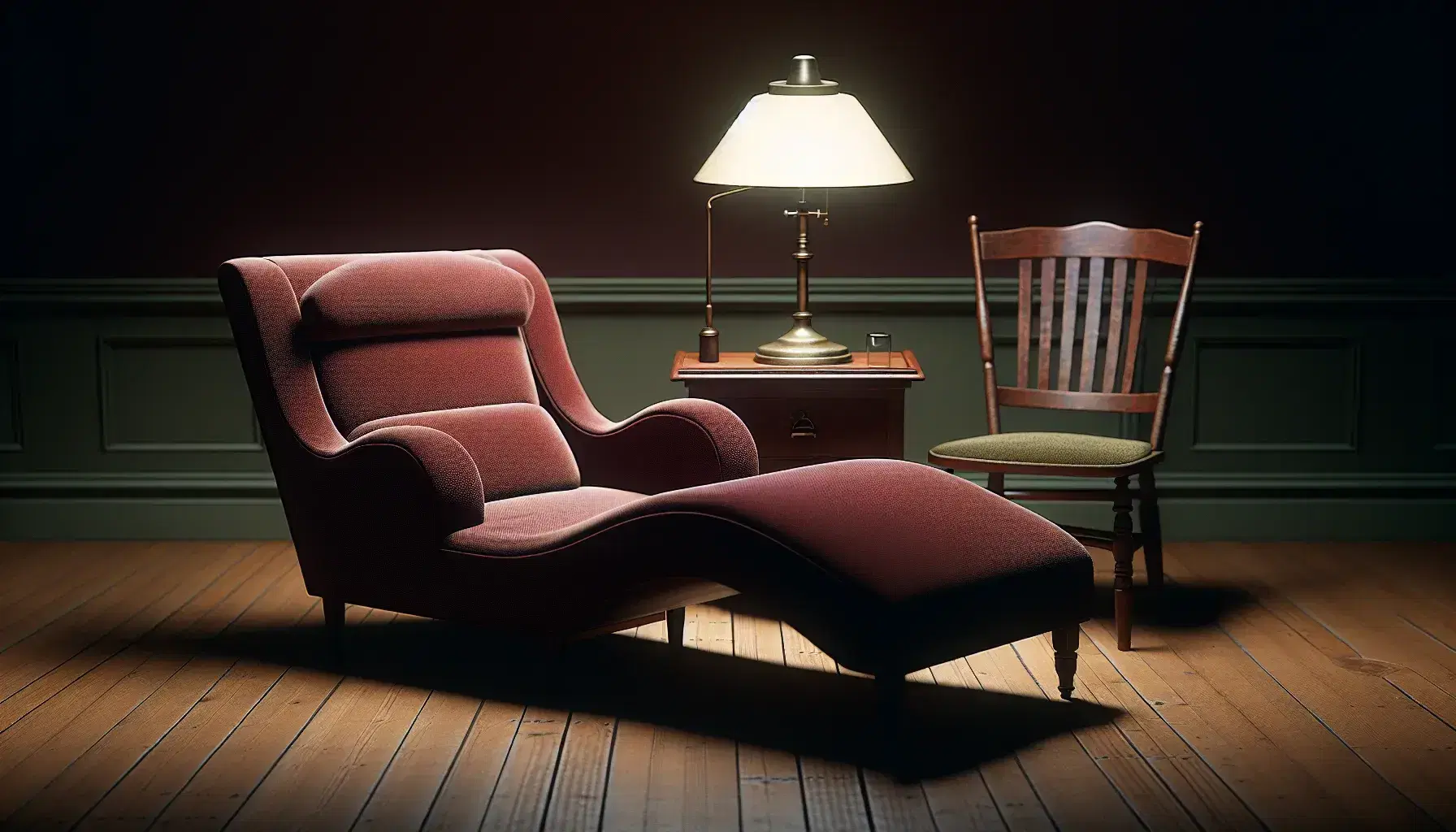Psychoanalytic environment with burgundy chaise longue, green wooden chair, coffee table with lit lamp and assorted bookcase.