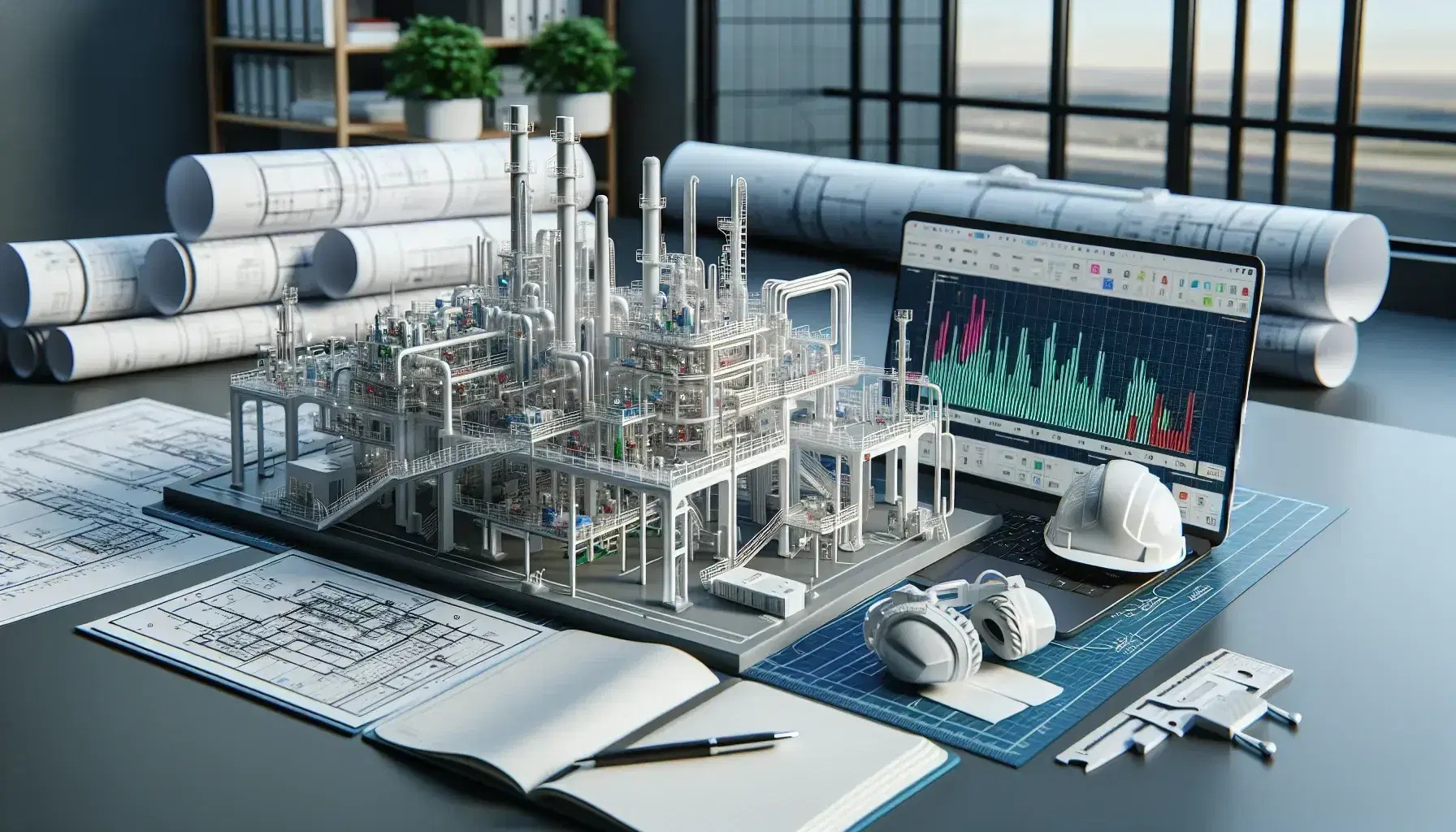 Espacio de trabajo de ingeniero con maqueta tridimensional de instalación industrial, portátil con gráficos, casco de seguridad, cuaderno y planos en oficina iluminada naturalmente.