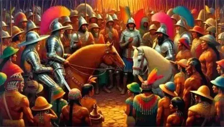 Incontro tra conquistadores spagnoli in armature luccicanti e indigeni americani con abiti colorati e piume, in un paesaggio naturale.