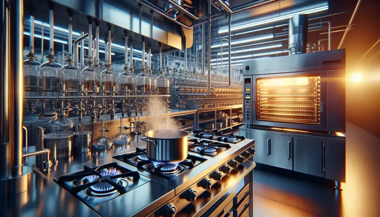 Cocina industrial moderna con estufa de gas y llamas azules, olla con vapor, máquina de destilación y horno conveción iluminado, todo en acero inoxidable.