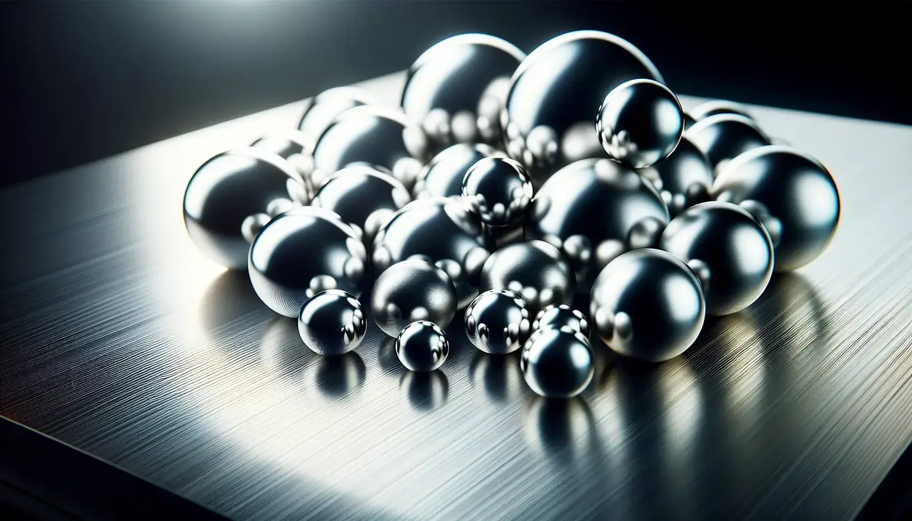 Shiny metallic surface with spheres of various sizes in the foreground, soft reflections and gray shadows, brushed finish without symbols.