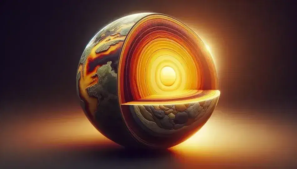 Sección transversal esférica de la Tierra mostrando capas internas con núcleo sólido amarillo-anaranjado, manto naranja-marrón y corteza terrestre marrón claro.
