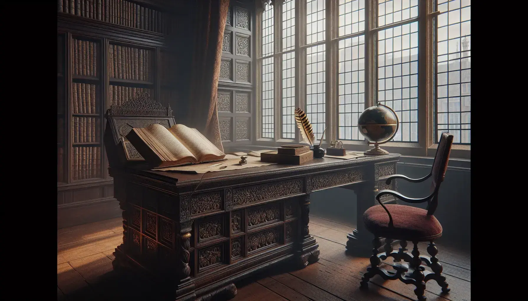 17th-century style study with a carved wooden desk, open book, quill, inkwell, globe, and shelves of leather-bound books in a warmly lit room.