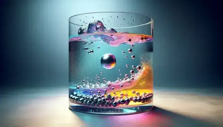Metallic ball falling into a glass container with colored liquid and suspended particles, showing fluid dynamics and ripple formation.