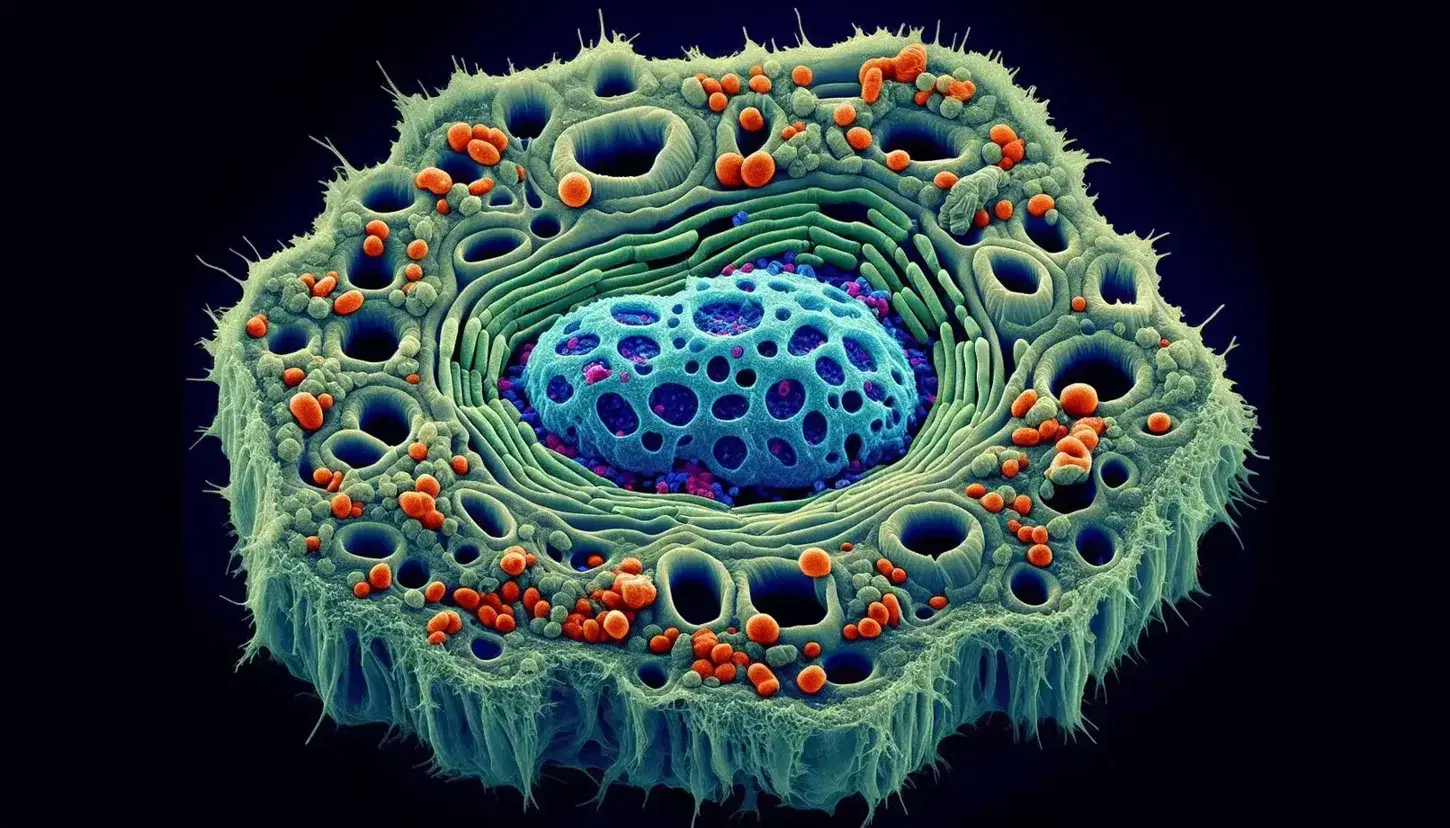 Micrografia elettronica colorata di cellula eucariotica con nucleo blu, apparato di Golgi verde, lisosomi rossi, perossisomi gialli e vacuolo azzurro.