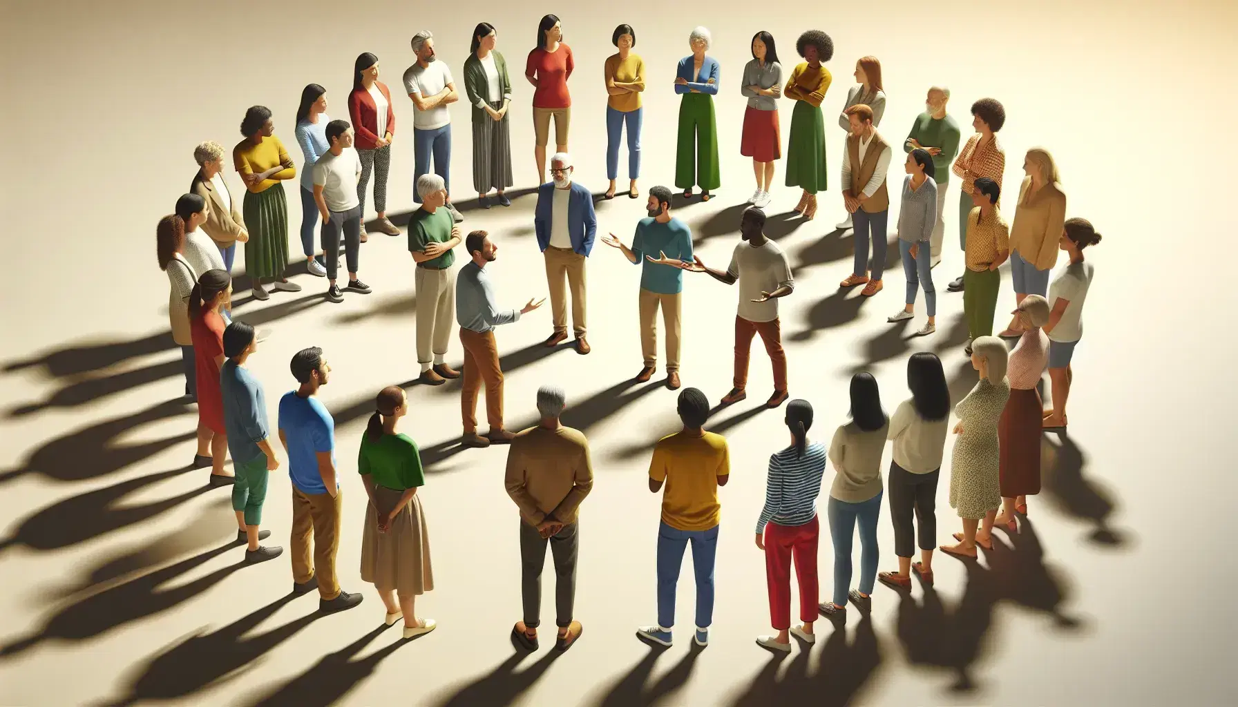 Grupo diverso de personas en semicírculo dialogando con enfoque en dos individuos centrales, mesa con objetos cotidianos en primer plano.