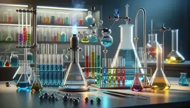 Laboratorio químico con tubos de ensayo de colores, matraz Erlenmeyer y mechero Bunsen encendido, en un ambiente limpio y ordenado.