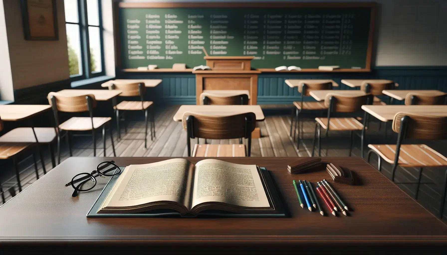 Classroom with a teacher's desk displaying an open textbook and eyeglasses, student desks with blank notebooks and assorted pens, and a clean chalkboard, bathed in natural light.