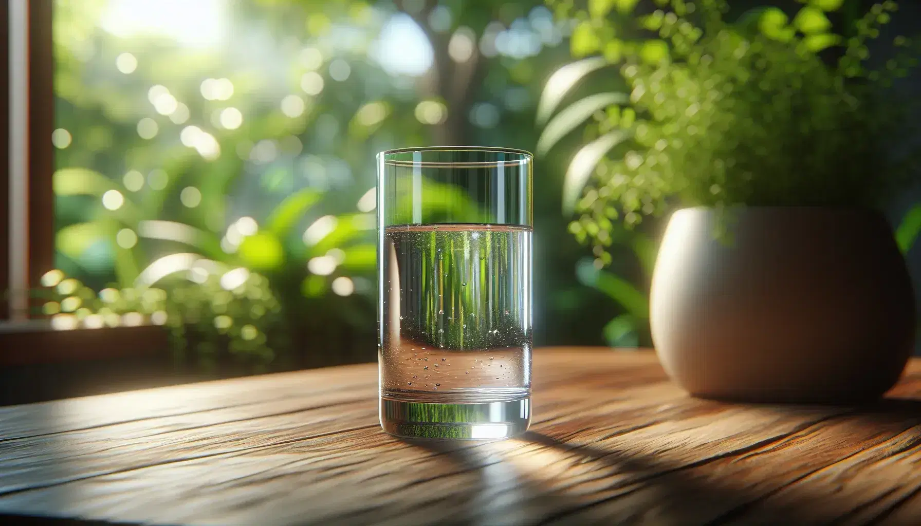 Transparent glass of water filled to the brim on light brown wooden table, blurred background with green plants, light reflections on the table.