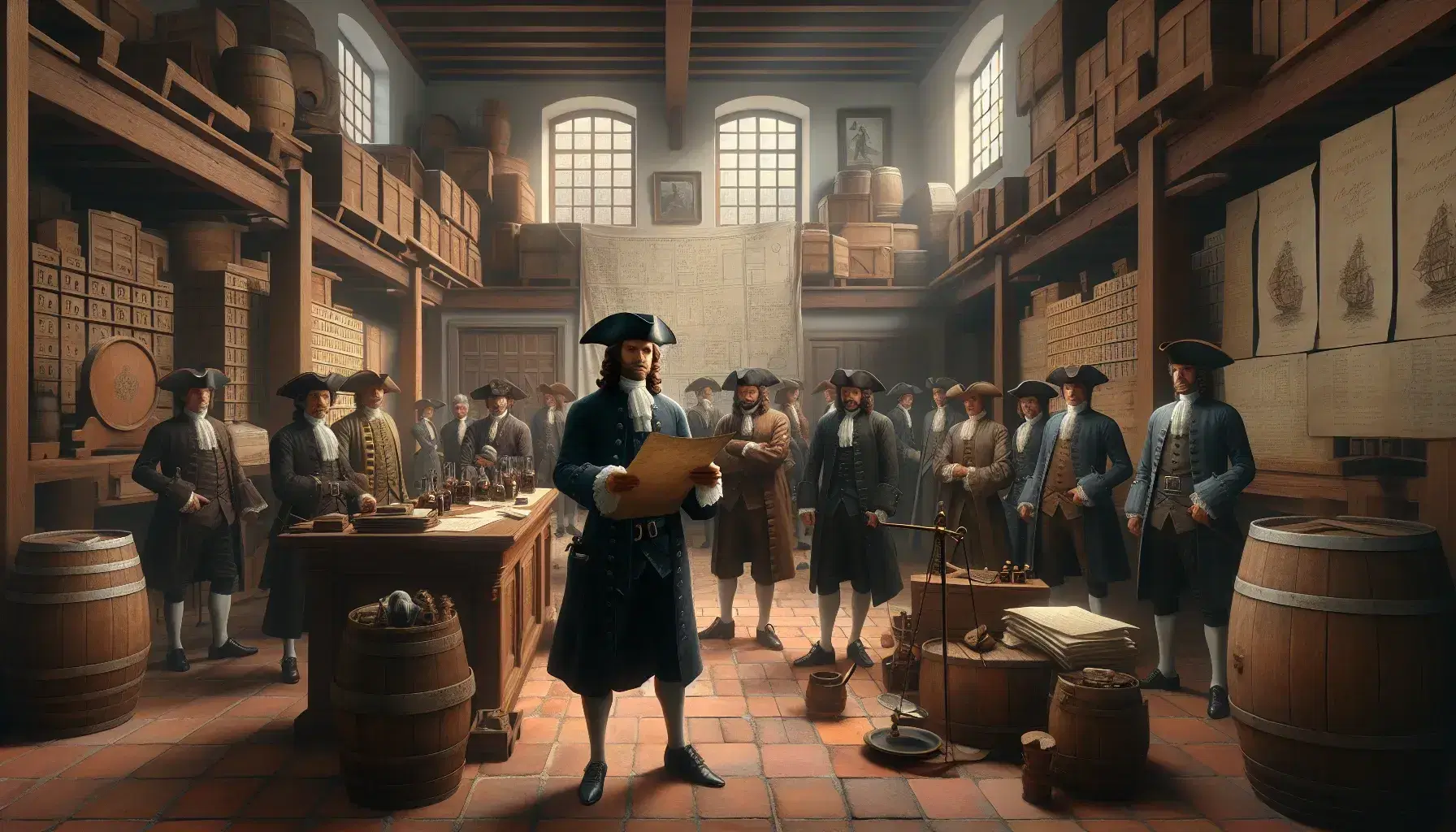Escena del siglo XVIII con un hombre sosteniendo un documento y rodeado de comerciantes en un almacén colonial, entre barriles y cajas, bajo una luz suave.