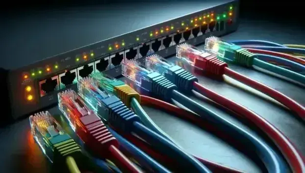 Cables de red de colores entrelazados con conectores RJ45 conectados a un switch con luces LED indicadoras de actividad.