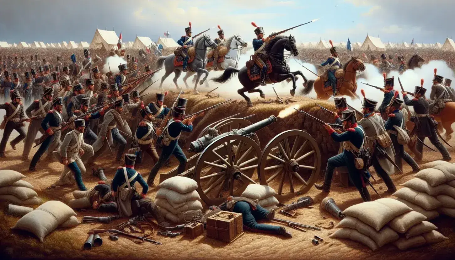 Scena di battaglia della Prima Guerra d'Indipendenza Italiana con soldati a piedi e a cavallo, tende sullo sfondo e cannone antico in primo piano.