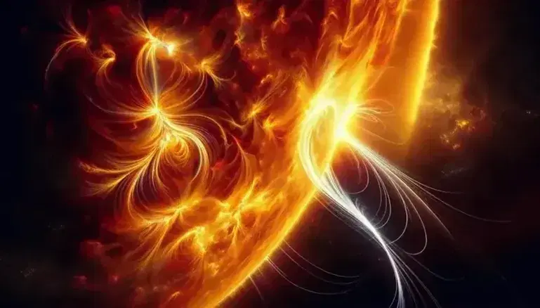 Close-up of the solar surface with a solar flare explosion, shades of yellow and orange represent the fiery atmosphere.