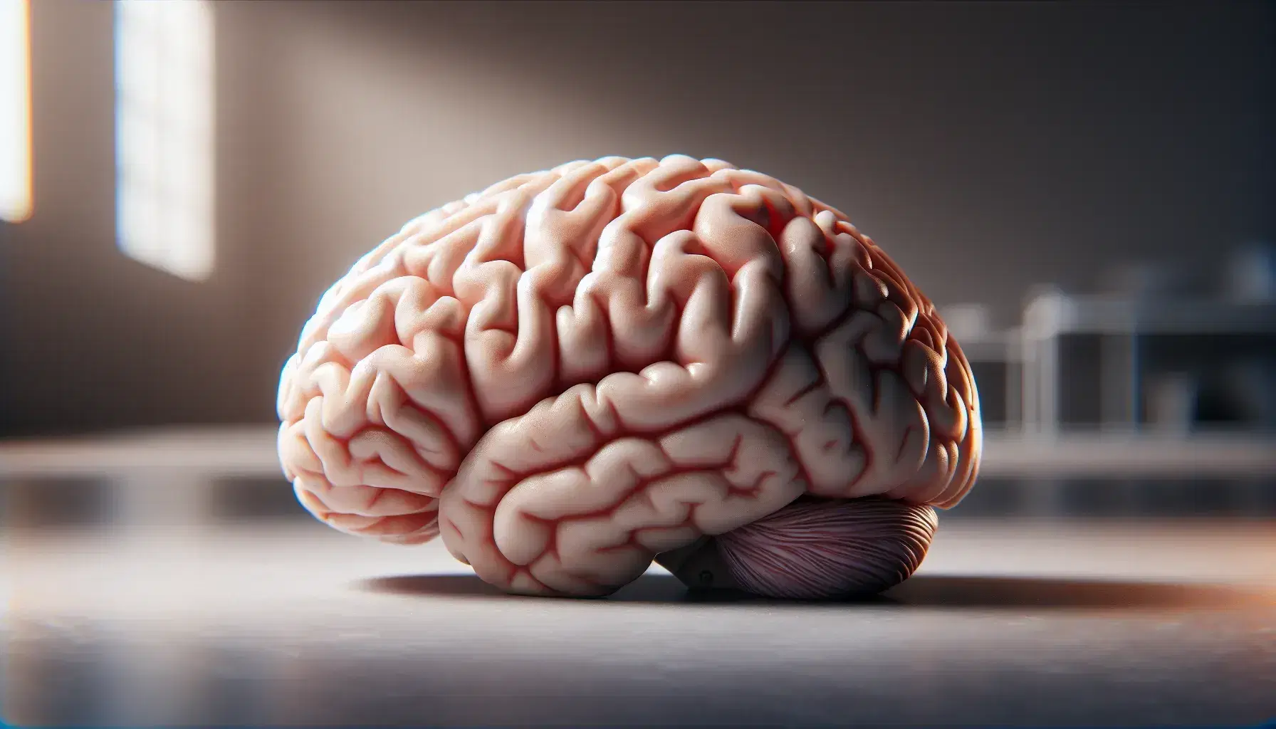 Detailed model of the left hemisphere of the human brain with frontal, parietal, temporal and occipital lobes on a neutral background.