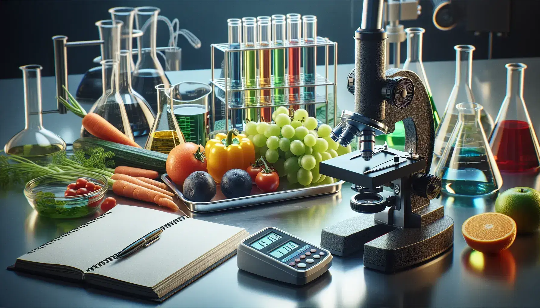 Laboratorio de análisis de alimentos con microscopio, tubos de ensayo de colores, balanza digital, bandeja de frutas y verduras frescas y material de anotación.