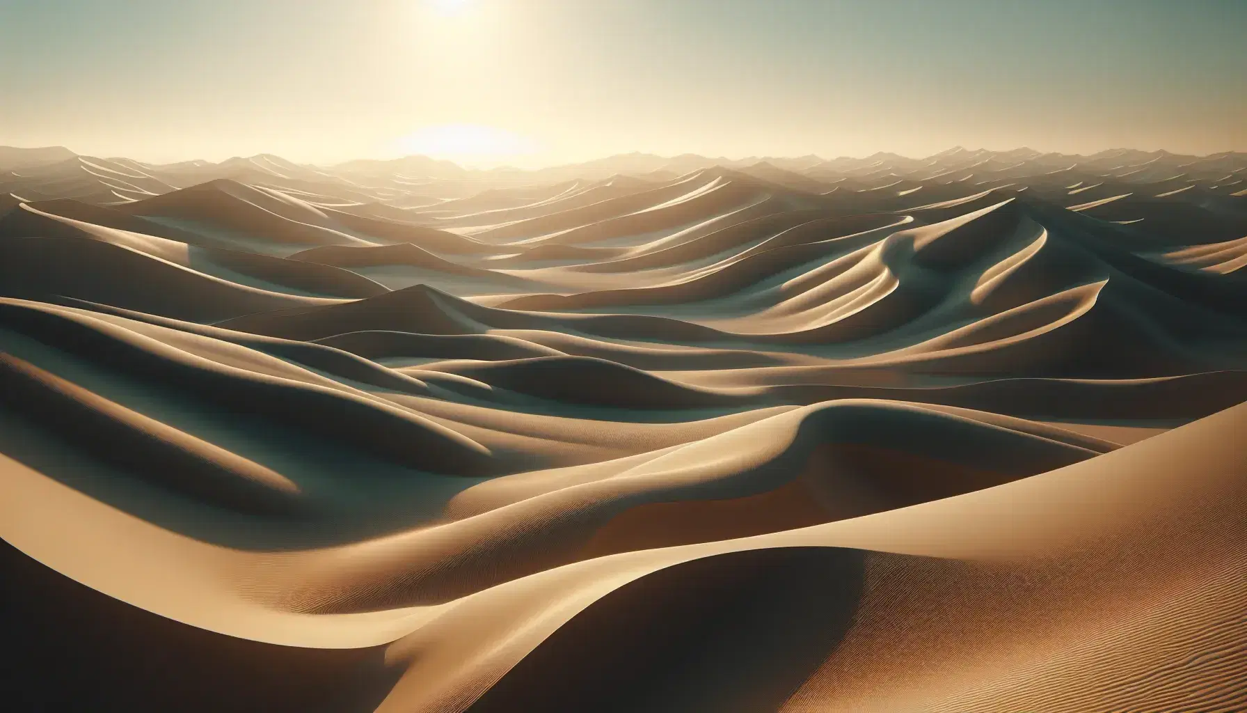 Close-up view of rolling sand dunes under a clear sky, with long shadows highlighting the natural curves in beige and gold tones.