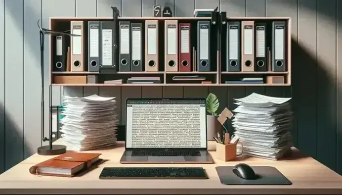 Scrivania in legno con laptop aperto, taccuino in pelle, pile di fogli, tastiera, mouse e cartelle colorate, in un ambiente professionale.
