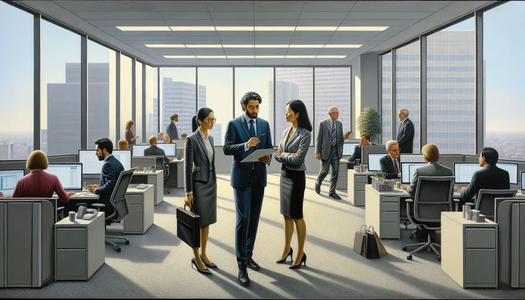 Diverse office team collaborates with focus, Middle Eastern man presenting to attentive Hispanic and Asian women, modern workspace with natural light.