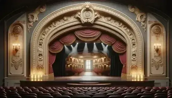 Vista frontal del proscenio en un teatro clásico con arco ornamentado en dorado, escenario de madera y cortinas rojas a los lados bajo luces enfocadas.