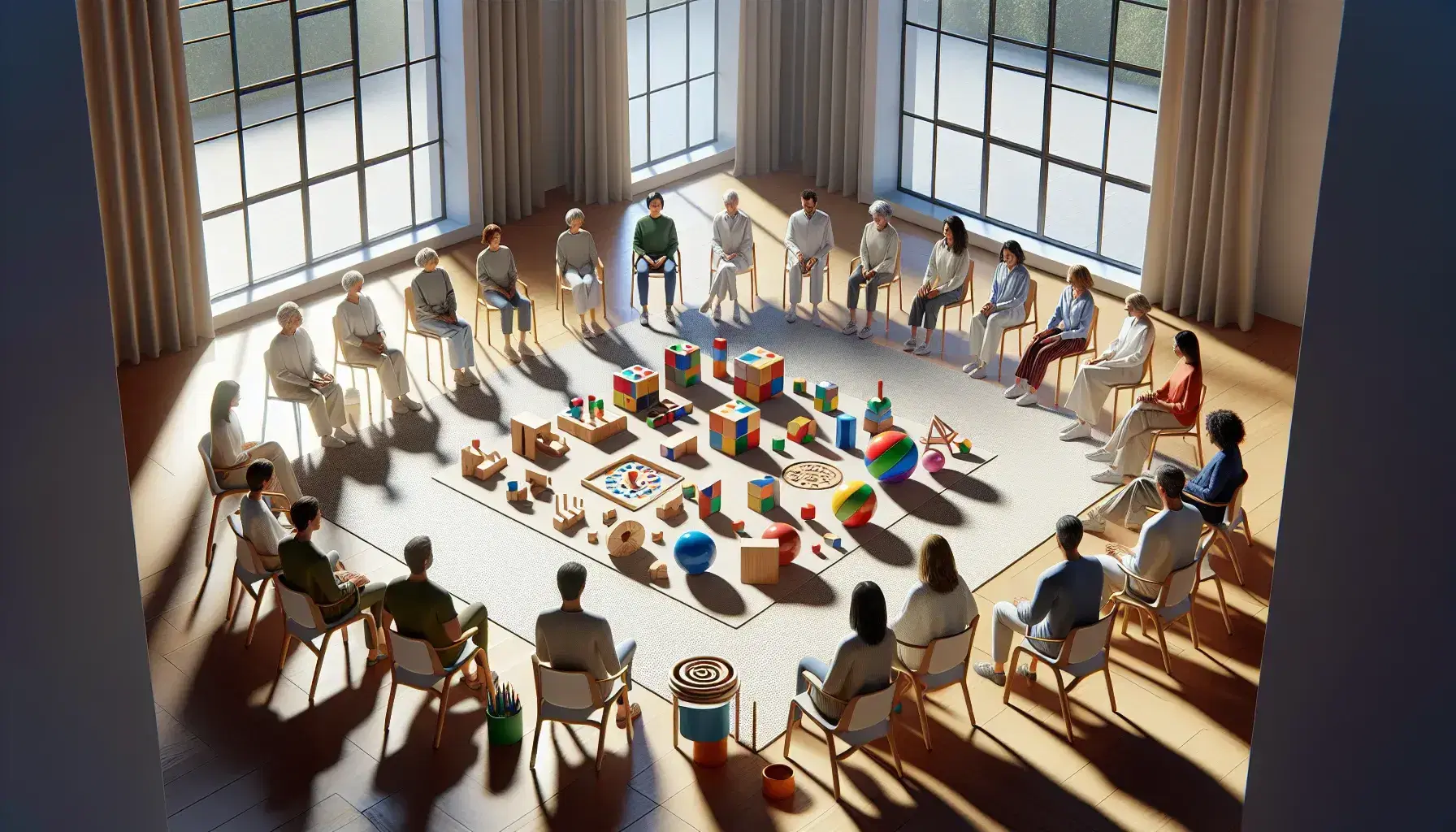 Gruppo multietnico seduto in cerchio su sedie colorate interagisce con giochi educativi in ambiente luminoso.
