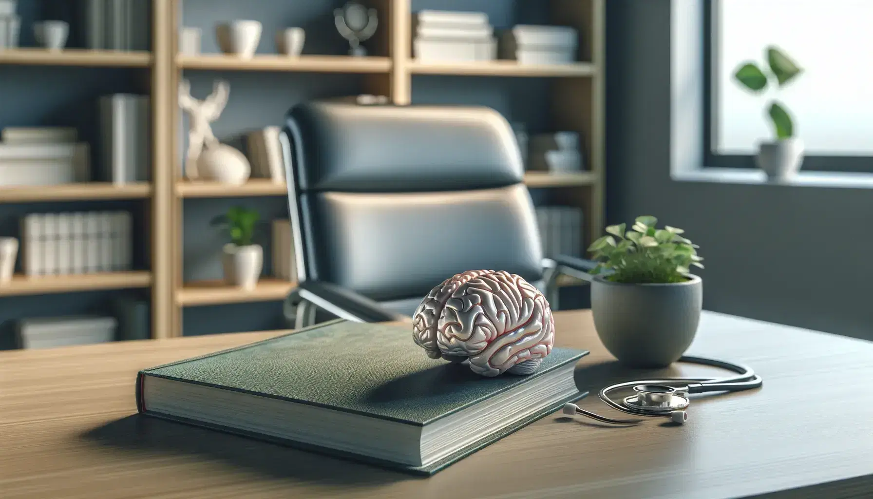Anatomical model of human brain on wooden desk next to open book in a medical office, with empty chair and blurry green plant in the background.