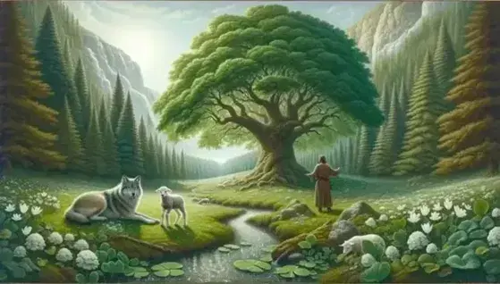 Lupo e agnello in pace su erba verde, uomo medievale sotto albero rigoglioso, cielo azzurro e ruscello scintillante.