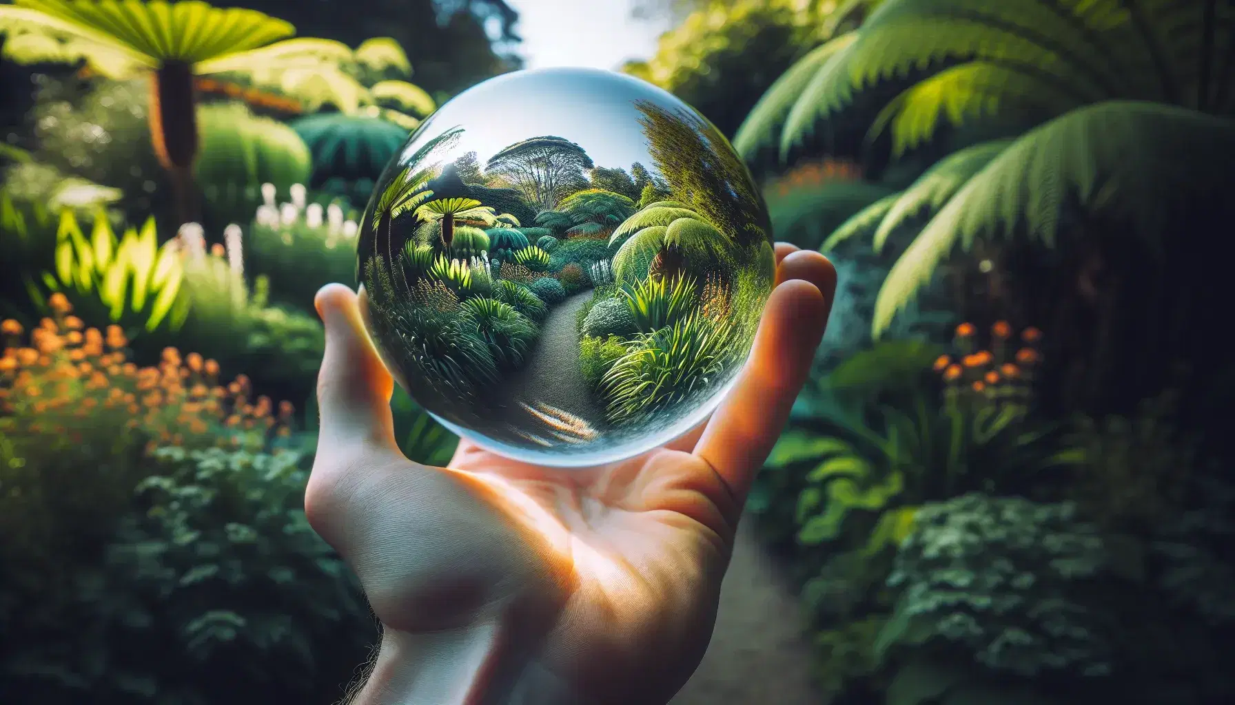 Hand holding a glass sphere with a distorted, magnified view of a sunlit garden with lush greenery and colorful flowers in the background.