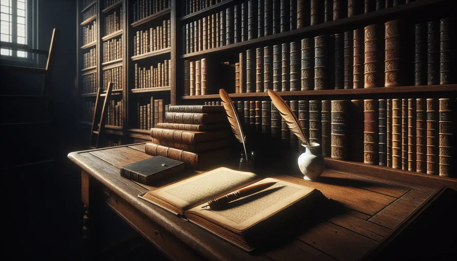 Biblioteca antigua con estanterías de madera oscura llenas de libros, mesa con libro abierto, pluma y tintero de porcelana bajo luz cálida.
