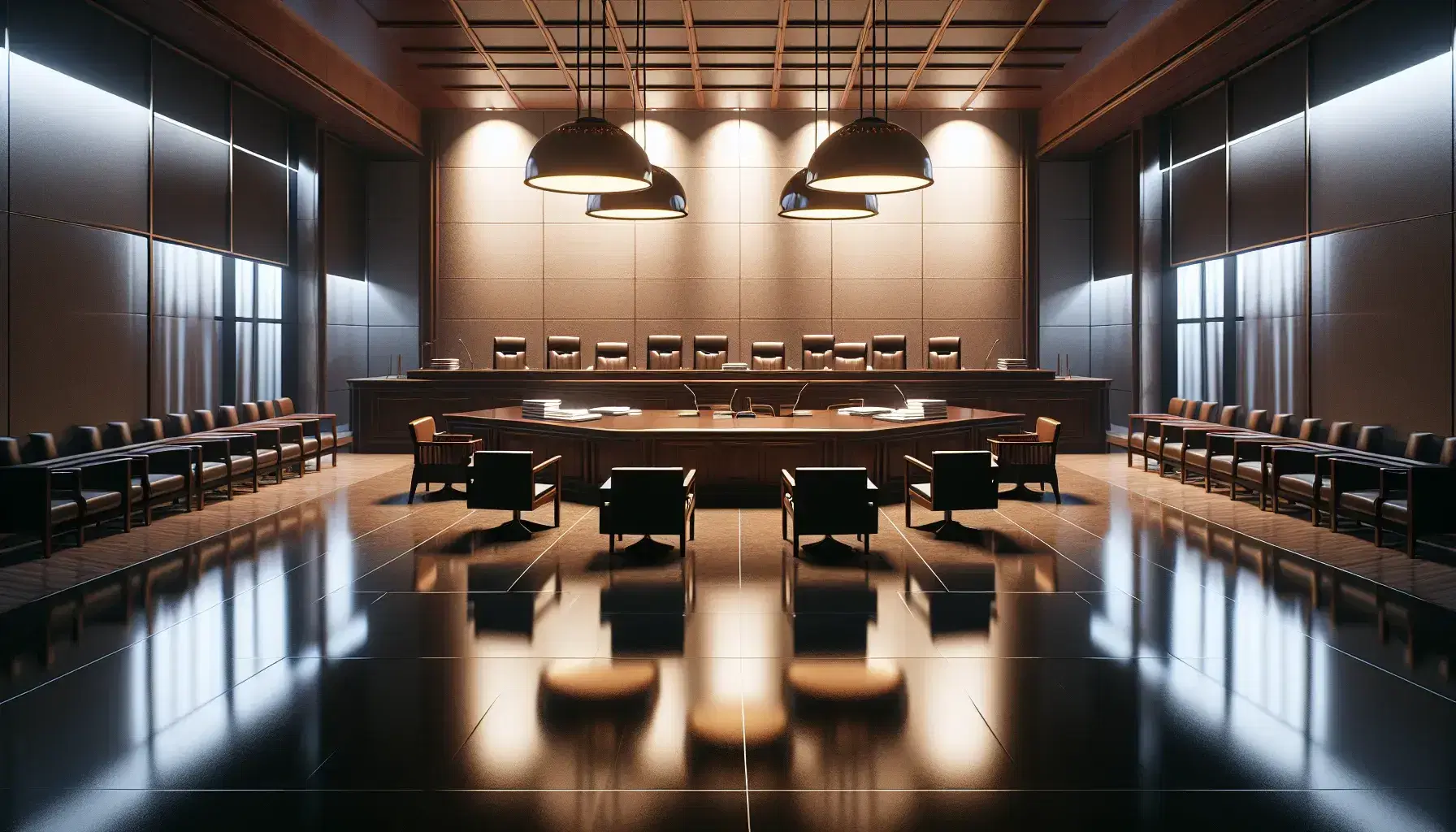 Sala de tribunal vacía con mesa central de madera oscura, sillas a los lados y silla autoritaria al fondo, documentos apilados y suave iluminación colgante.