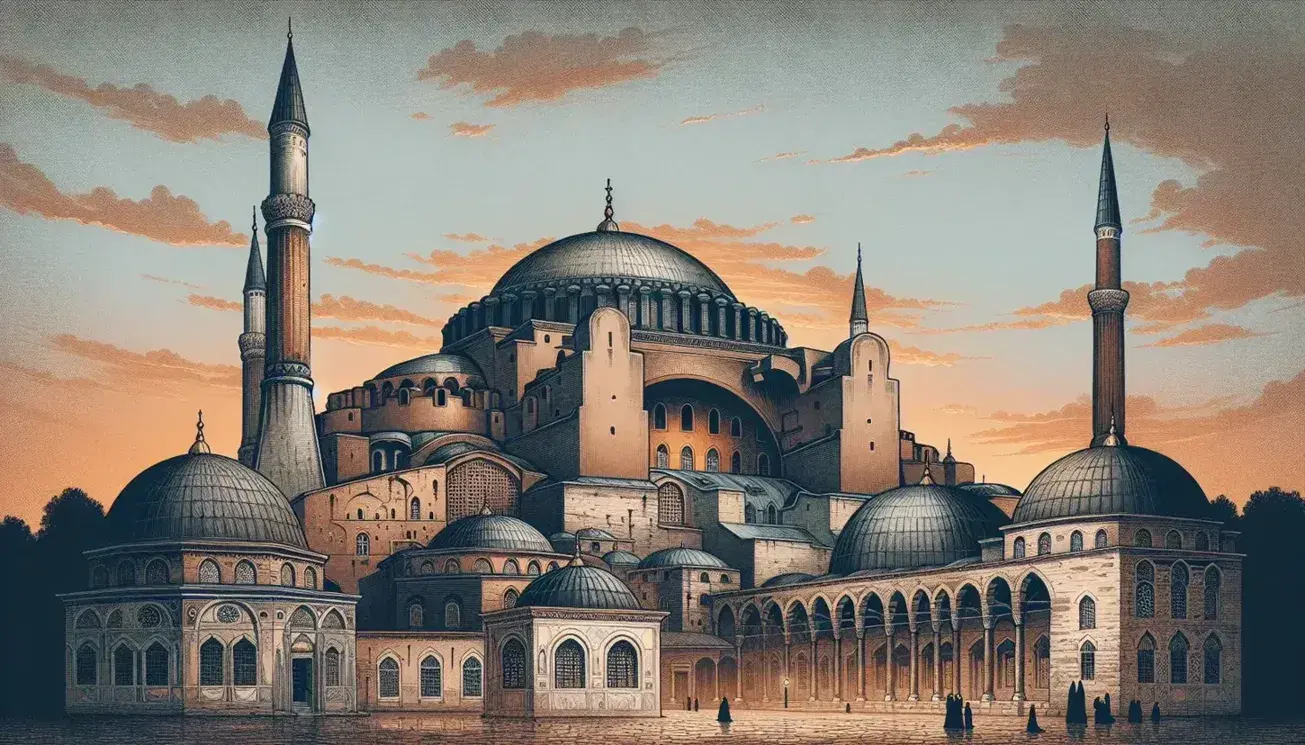 Tramonto su Hagia Sophia con cupole e minareti che si stagliano nel cielo arancione e rosa, dettagli architettonici in evidenza e figure in abiti d'epoca.