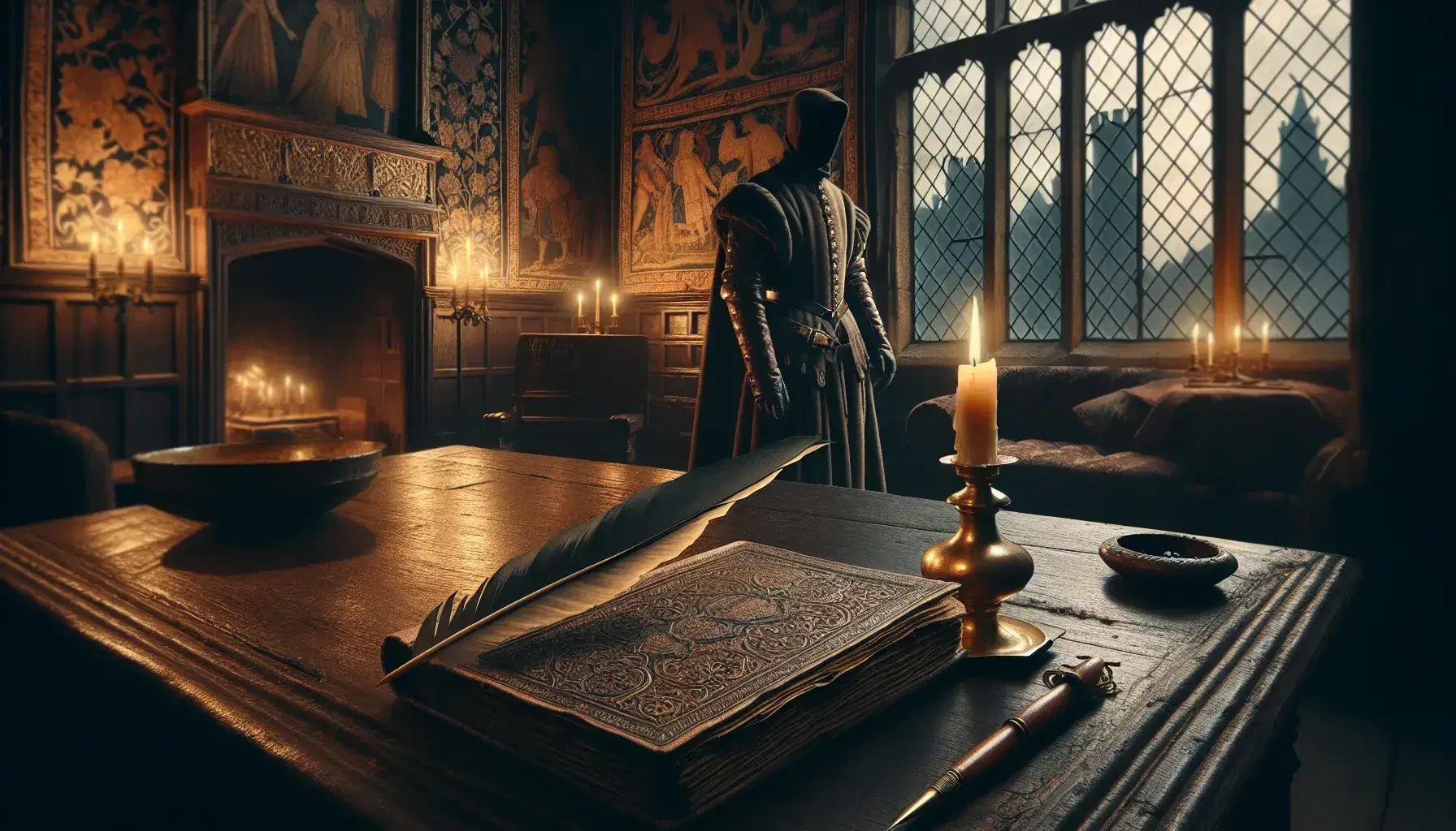 Dimly lit Tudor-style room with a worn wooden table, an open embossed book, quill and inkwell, a lit beeswax candle, tapestries, and a figure by a window.