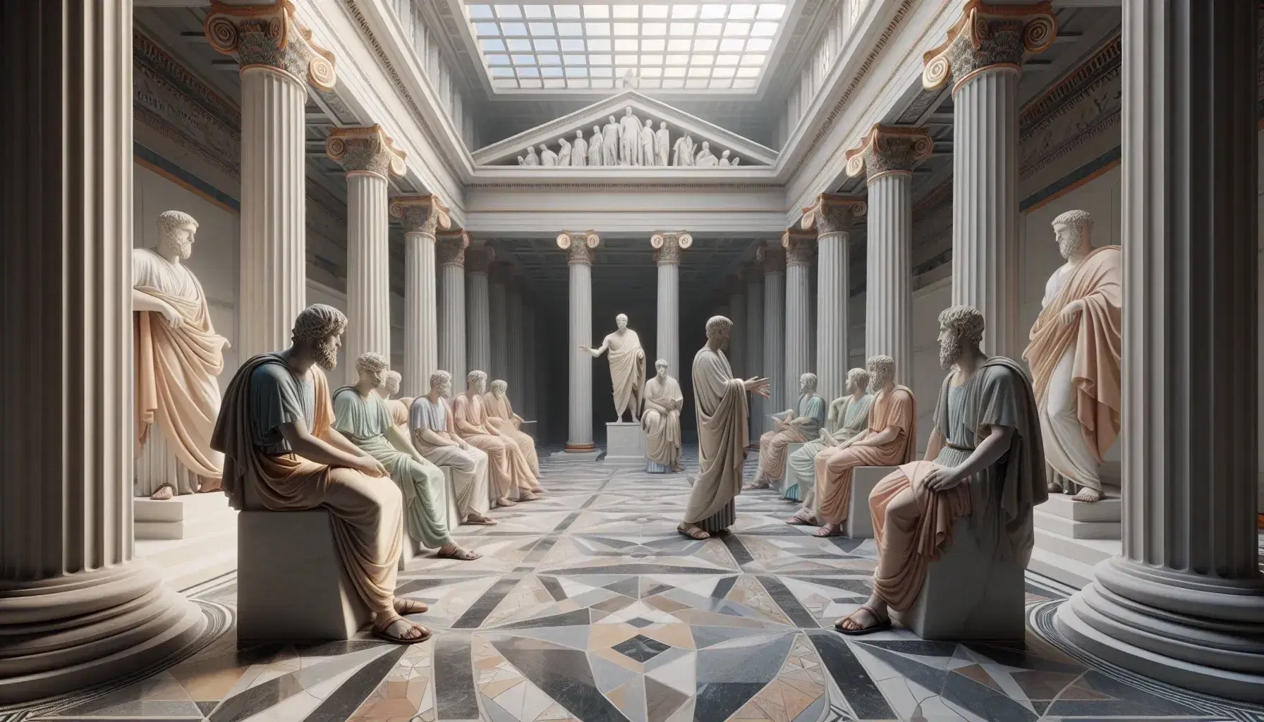 Recreación tridimensional de la Escuela de Atenas con columnas corintias, figuras en túnicas y estatua de hombre barbudo bajo luz natural.