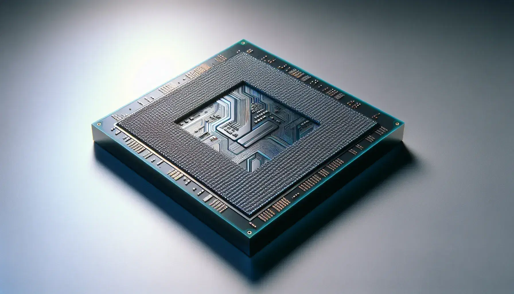 Close-up of a microprocessor with crossed metallic circuits on a neutral background, gold contacts and a blue silicon base.