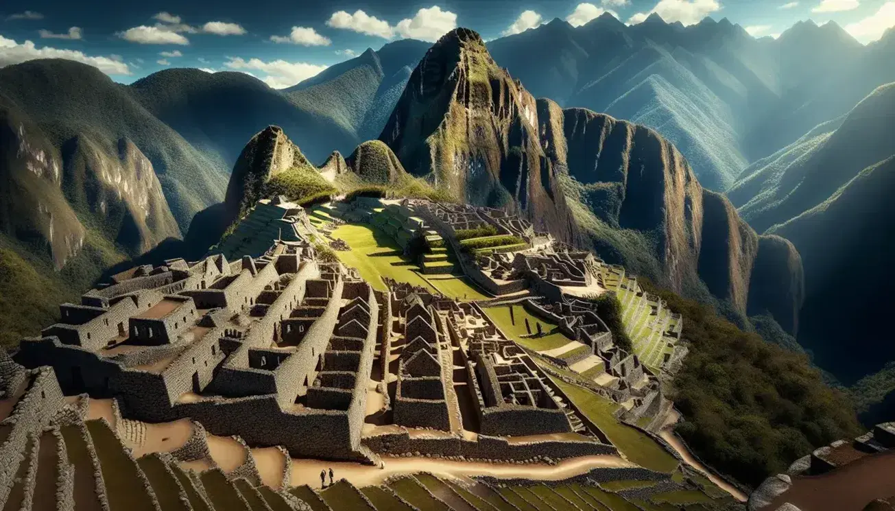 Vista panorámica de las ruinas de Machu Picchu con terrazas de piedra, estructuras incas y montañas bajo un cielo azul.