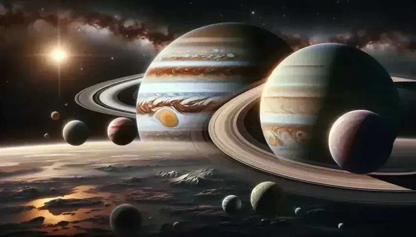 Montage of the gas giants Jupiter with the Great Red Spot, Saturn and its rings, blue Uranus and Neptune, on a starry background with centaurs and comets.