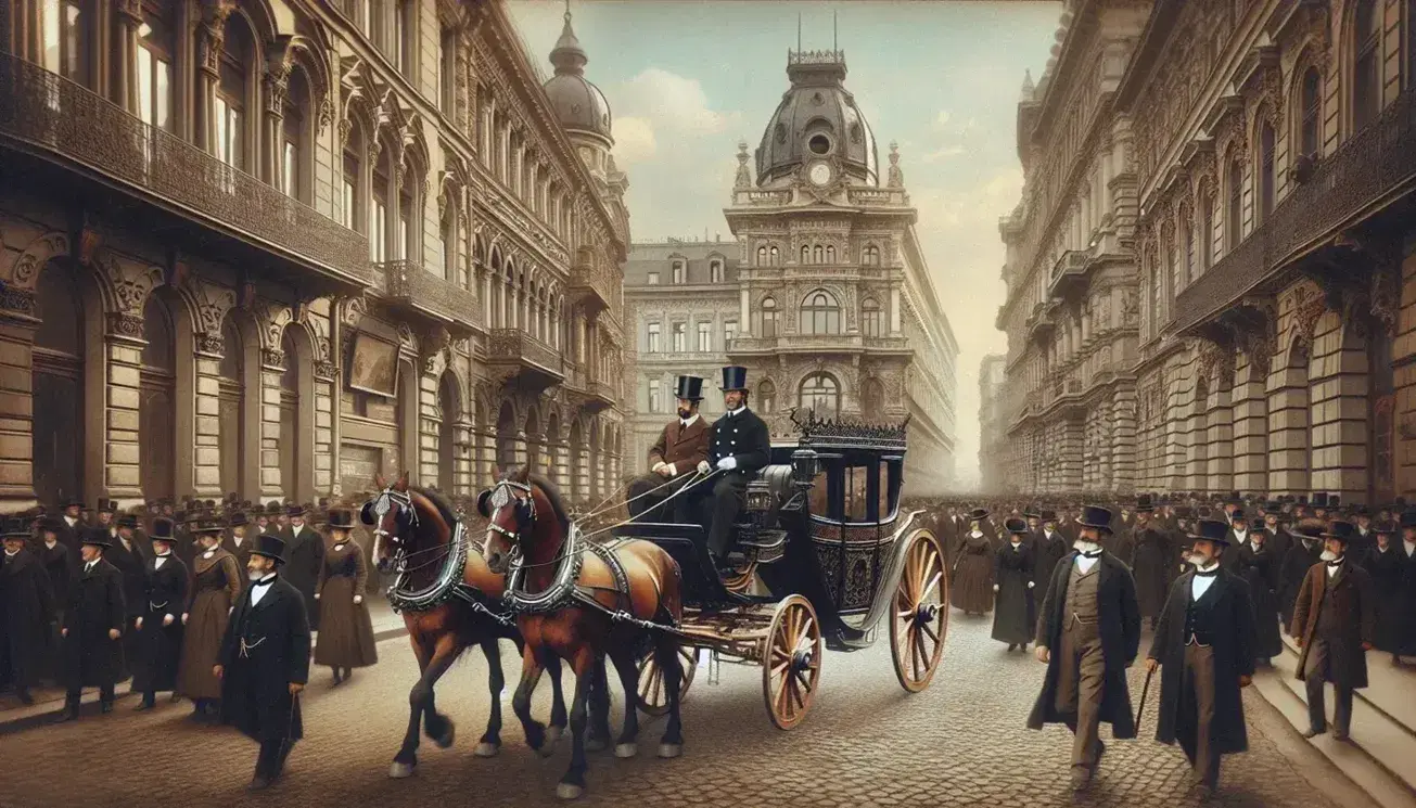 Carrozza trainata da cavalli attraversa strada affollata del XIX secolo, con edifici storici decorati e persone in abiti d'epoca.