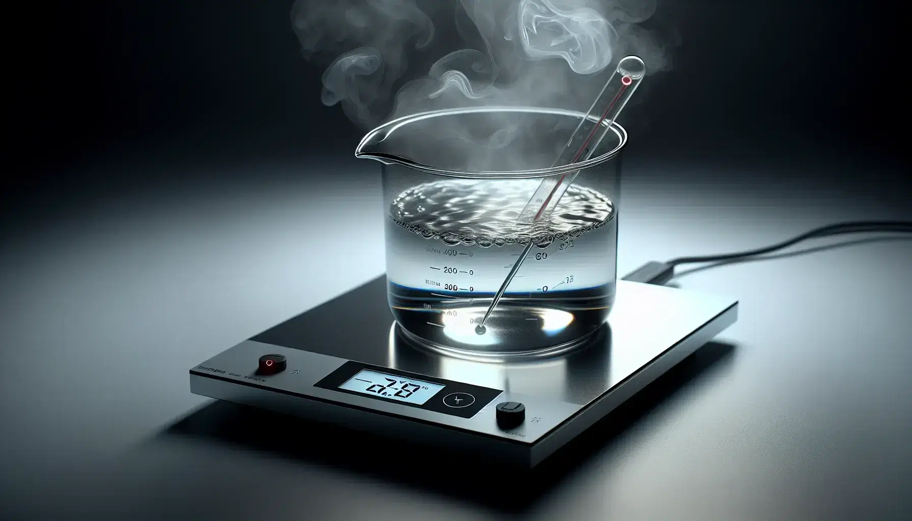 Glass beaker with clear liquid on digital hotplate, steam visible above, immersed thermometer, neutral gray background.