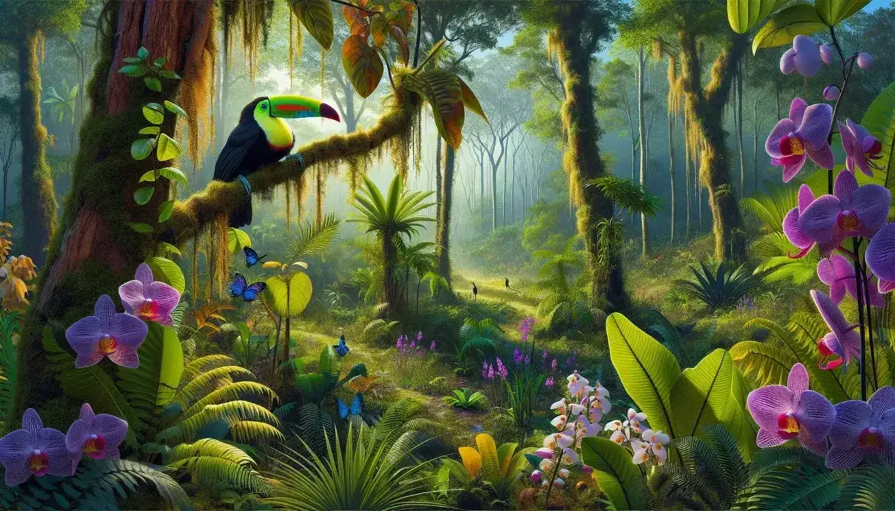 Bosque tropical húmedo en Colombia con orquídea morada, tucán en rama y mariposas volando, rodeados de vegetación diversa y luz solar filtrándose.