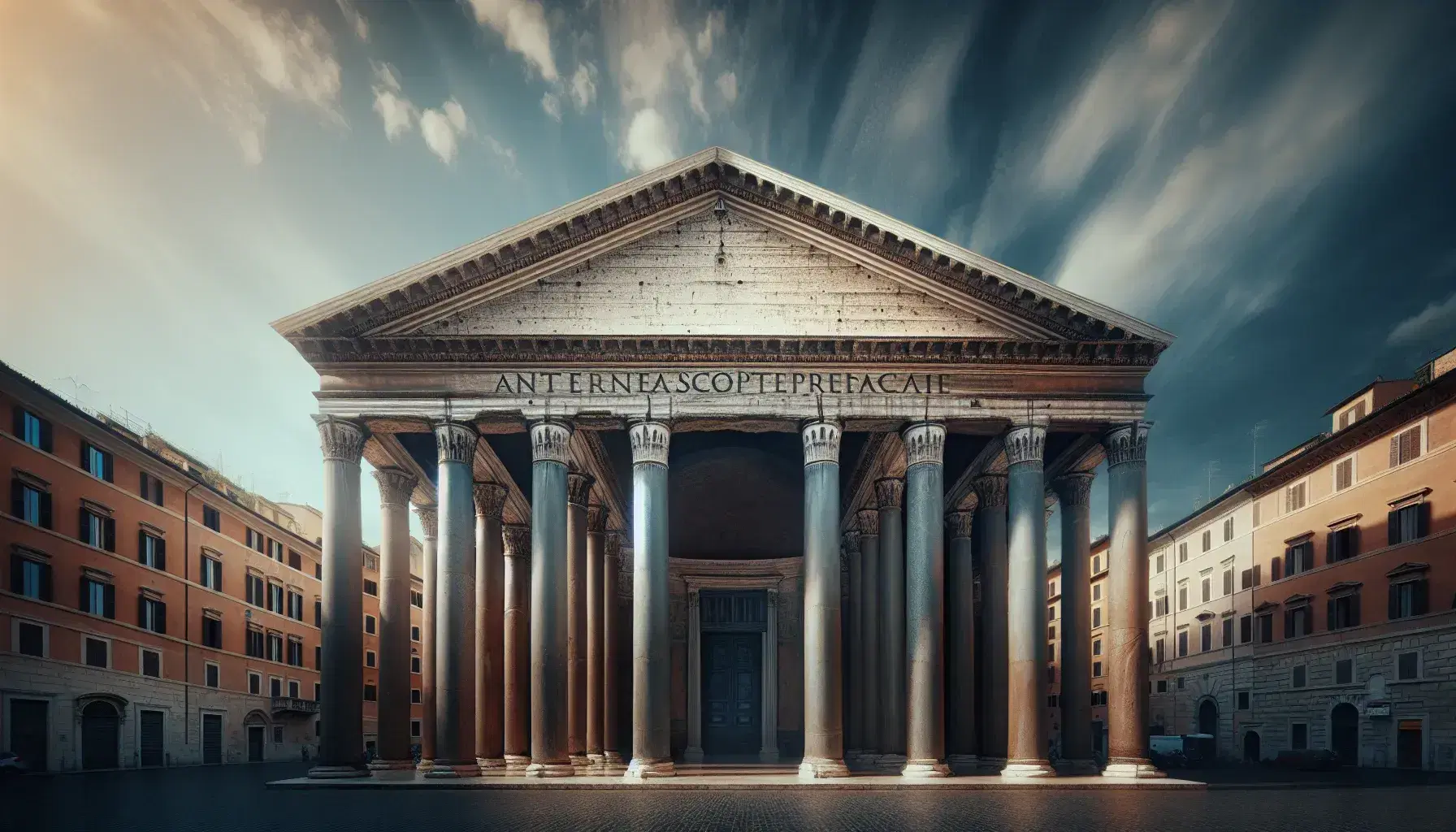 Vista frontale del Pantheon di Roma con colonne corinzie e pedimento triangolare sotto un cielo azzurro.