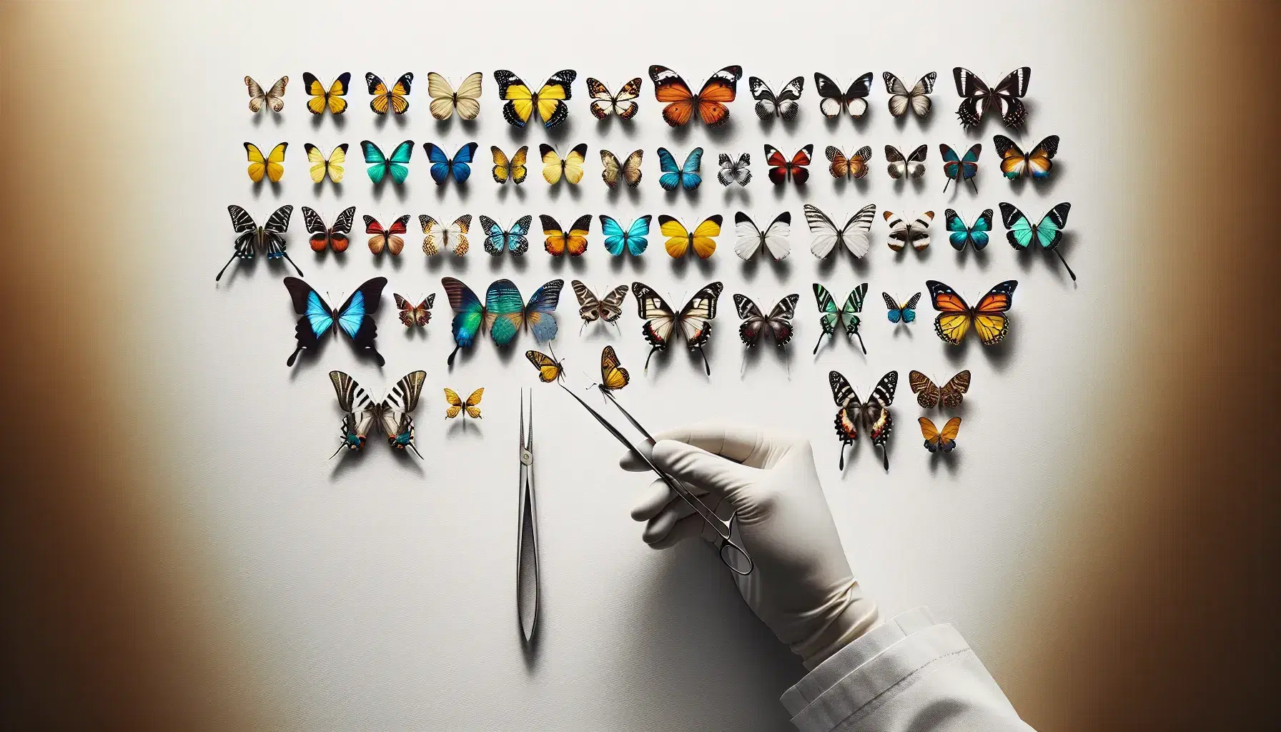 Farfalle di diverse specie ordinate per dimensione su sfondo bianco, con colori vivaci e dettagli simmetrici, mano con pinzette a lato.