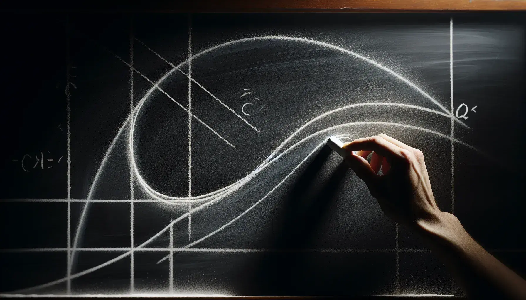 Close-up view of a hand holding chalk after drawing a parabola, intersecting lines, and an exponential curve on a classroom blackboard.