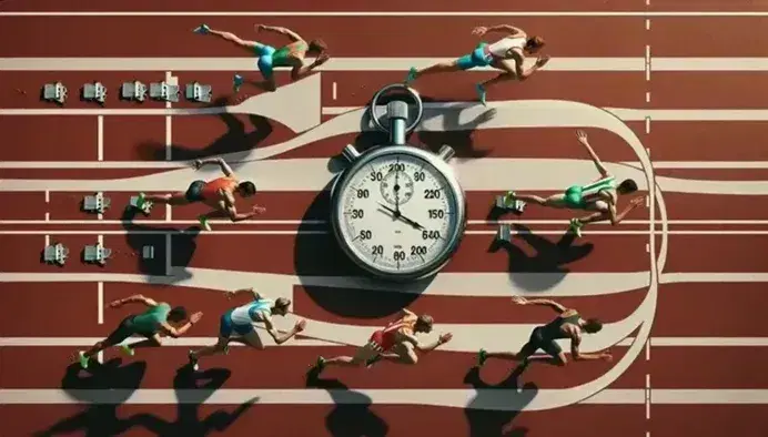 Pista di atletica con atleti in gara, cronometro analogico centrale, ombre nette e uccelli in volo su cielo azzurro.