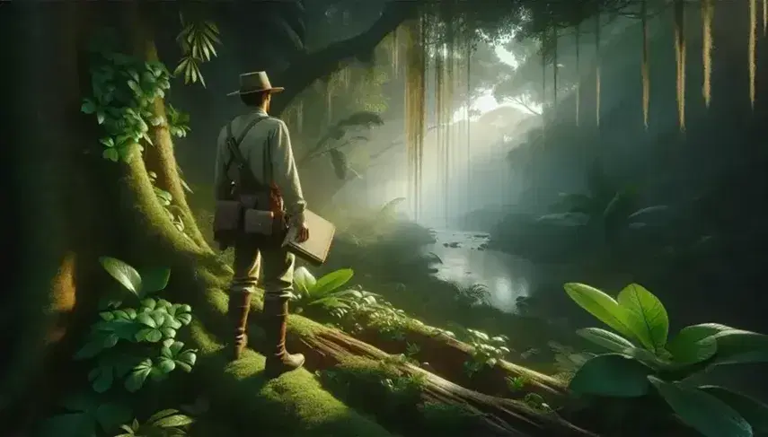 Explorador del siglo XX en selva tropical, con libro abierto, rodeado de vegetación densa, tronco caído con musgo y río borroso al fondo.