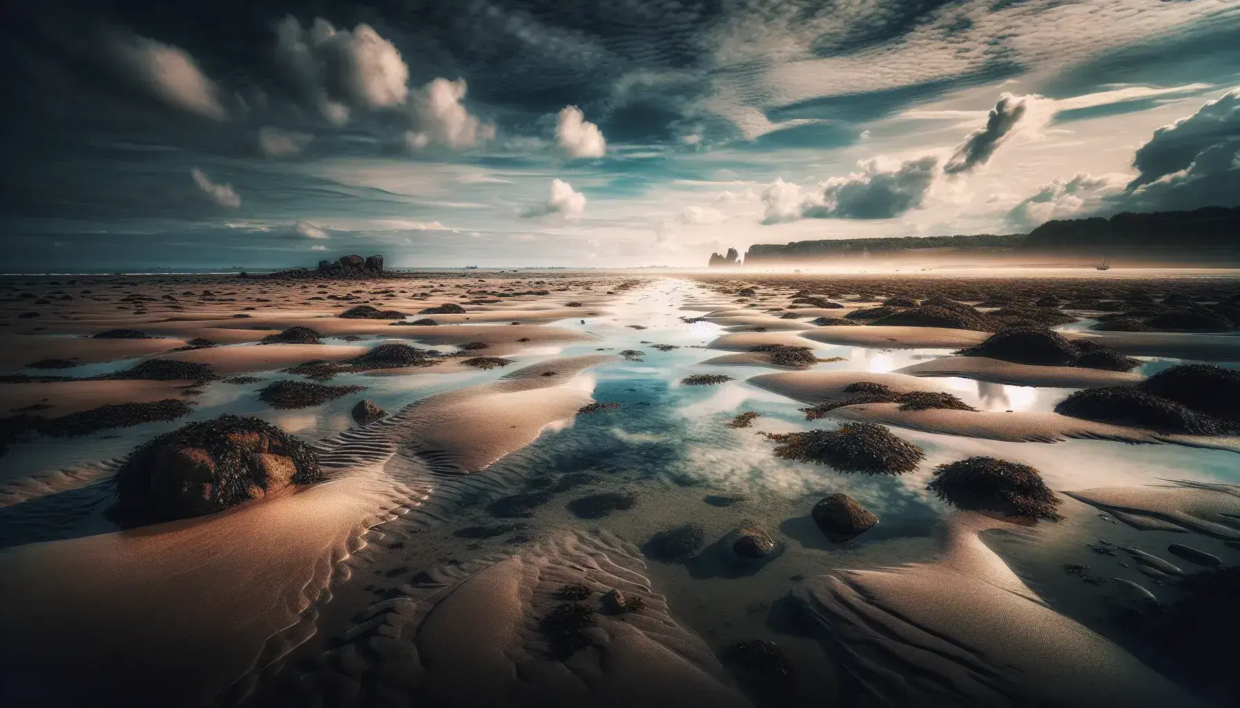 Spiaggia deserta in bassa marea con sabbia umida, pozzanghere, alghe, rocce scure e scogliera in lontananza sotto un cielo azzurro.
