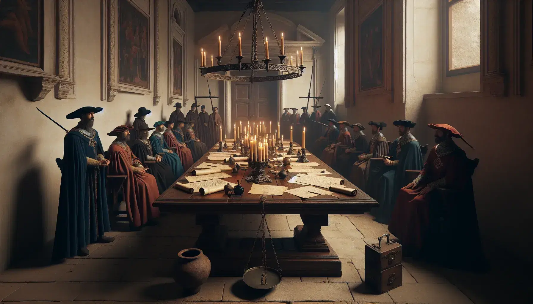 Scena medievale in sala consiliare italiana con personaggi in abiti d'epoca attorno a tavolo con pergamene, bilancia in primo piano e vista su città al tramonto.