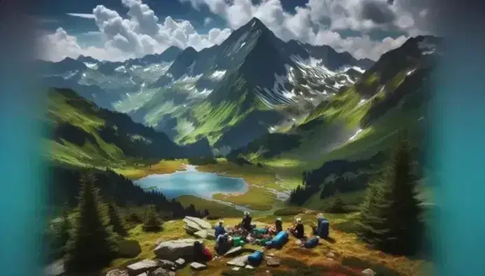 Vista panoramica delle Alpi Austriache in estate con montagna innevata, lago riflesso, escursionisti e foresta di conifere.
