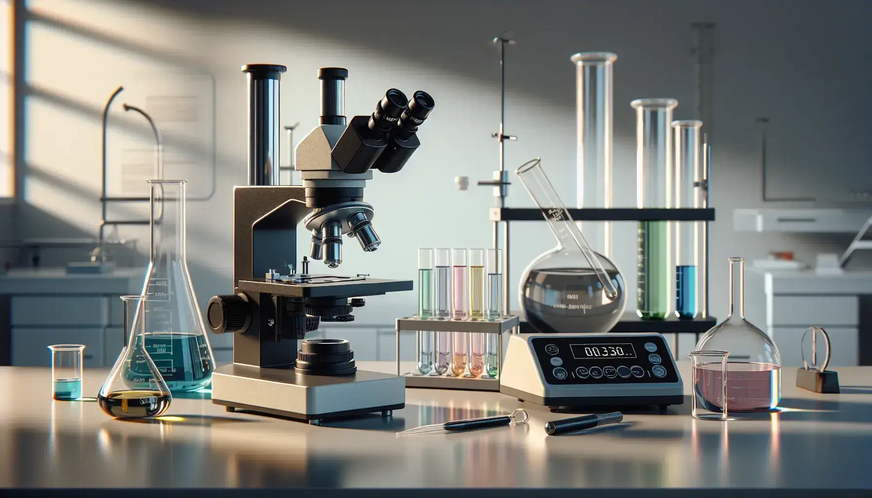 Laboratorio científico con microscopio, tubos de ensayo con líquidos de colores, pipeta, balanza digital y material de vidrio sobre mesa iluminada.