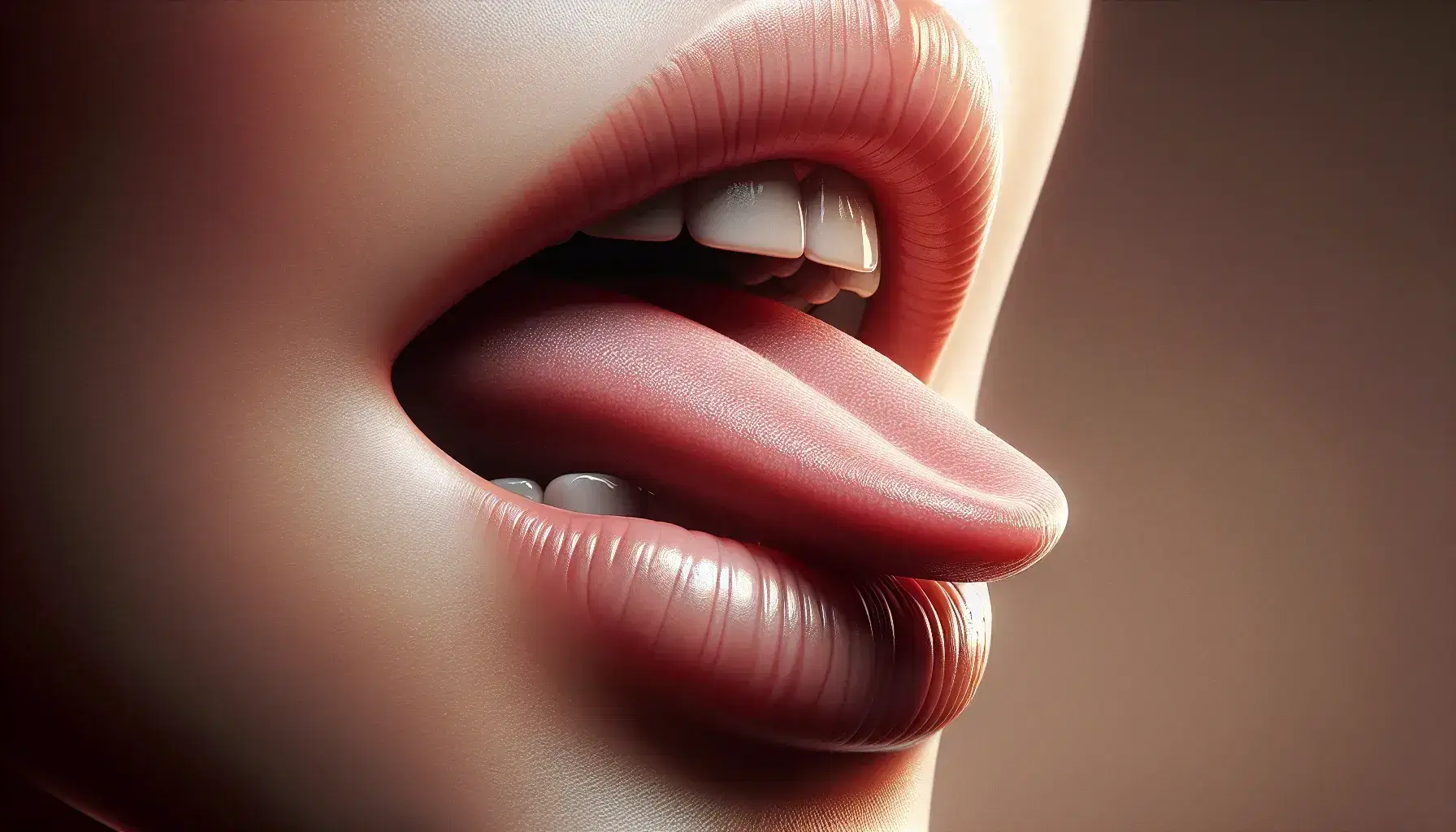 Close-up profile view of a human mouth with lips slightly parted, tongue poised to tap the alveolar ridge, indicating speech articulation.